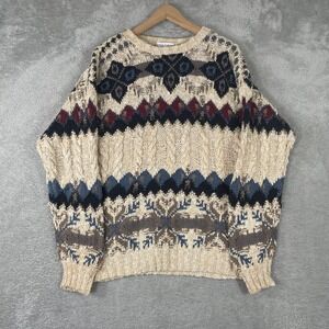 Great Lakes Recreation Sweater Mens Medium Beige 3D Knit Fair Isle Coogi Style‎